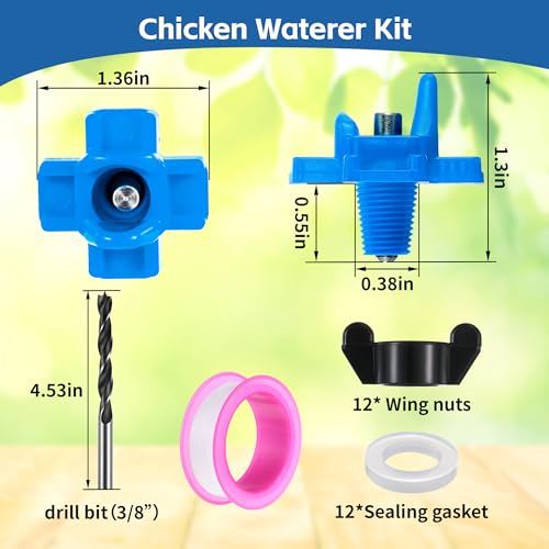 Dreyoo 12 Pcs Horizontal Chicken Waterer Nipples with Drill Bit, Leakproof Chicken Water Nipple, Durable ABS Plastic & Stainless Steel Poultry Watering Nipples for Coop Outdoor Use (Blue)