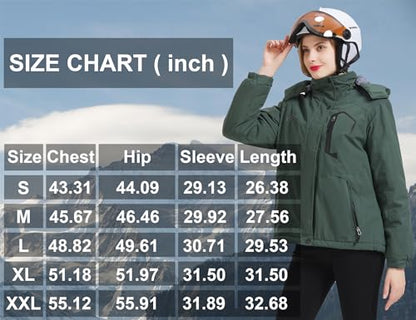 ELLSWOS Womens Winter Coats Waterproof Ski Jacket Warm Snow Jackets Windproof Windbreaker Hooded Raincoat - color: Olive Green, size: XX-Large