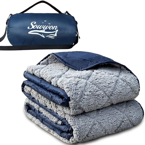 Waterproof Outdoor Blanket 82"x55" Large Sherpa Fleece 300GSM Navy | Stadium Blankets for Camping, Packable, Windproof Emergency Throw for Grass Picnic Hiking Road Trip, Machine Washable - color: Sherpa Navy-300 Gsm, size: 82"x 55"
