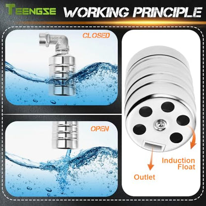 2PCS 304 Stainless Steel Float Valve Kit – Auto Water Level Control for Tanks & Livestock Troughs, Includes 1/2" Straight + 3/4" Elbow Brass Fittings & Adjustable Silicone Feed Strips (0.2–10 bar)