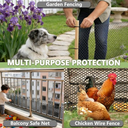 15.7" x 33' Plastic Mesh Fence Roll - Heavy Duty Chicken Wire Mesh Fence - Upgraded Thick Animal Barrier for Garden, Balcony Railing Safety Net, Poultry Netting with 20 Zip Ties, Black - size: 15.7" x 33'