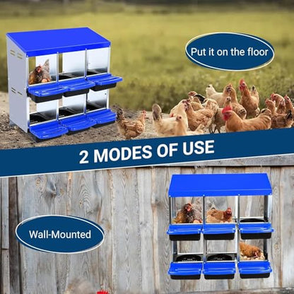 Chicken Nesting Box, 6 Hole 2 Layer Hen Nest Boxes with Legs, Roll-Away Egg Collection System with Ventilation Holes，Rustproof Plastic Tray & Keyhole Mounting, Chicken Laying Box - color: Blue, size: 6 holes