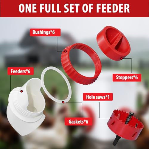 6PACK No Waste Chicken Feeder Ports - DIY Chicken Feeder Kit with Hole Saw - Chicken Feeder Cups for Bucket,Barrels,Bins,Troughs - size: 6 port with holesaw