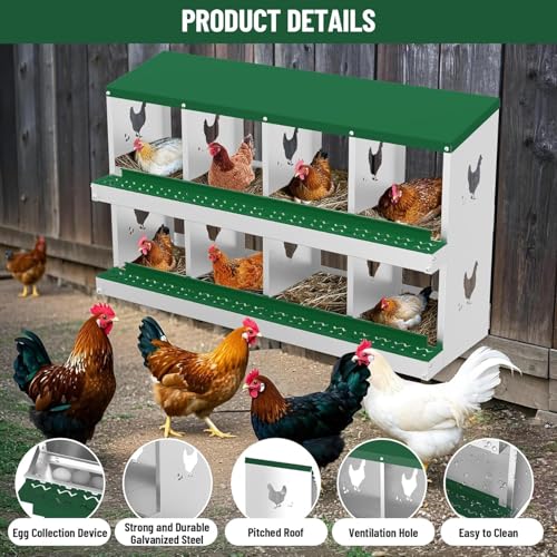 TrailBlaze Metal Chicken Nesting Boxes, Chicken Egg Laying Box with 8 Compartments, Large Vented Holes Chicken Coop with Rollout Egg Collection, Wall Mount Coops for Chickens, Hens (Green) - color: Green, size: 8 Holes