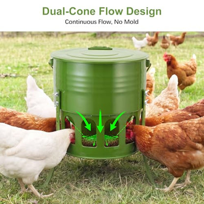 Tgeyd Metal Bucket Chicken Feeder, 20LB Large Capacity Poultry Feeder with 12 Feeding Ports & Dual-Cone No-Waste Design, Adjustable Height & Foldable for Storage, Rust-Proof for Chickens, Ducks, Quail | Organometallic coating
