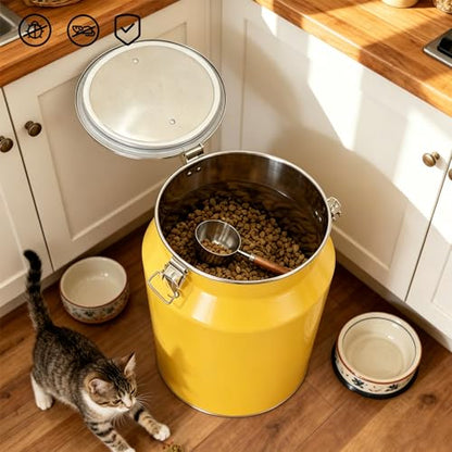 25 Lbs Stainless Steel Dog Food Storage Container with Scoop, Large Metal Dog Food Bin with Airtight Lid & Locking Clamp, Pet Treat Jars for Dogs & Cats, Keep Fresh, Yellow