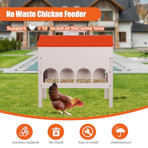 15Lb Automatic Chicken Feeder, Metal Gravity Chicken Feeder | Poultry Feeder Trough for Chickens Turkeys Quails, Chicken Coop Feeder, with 10 Feeding Openings Adjustable Legs