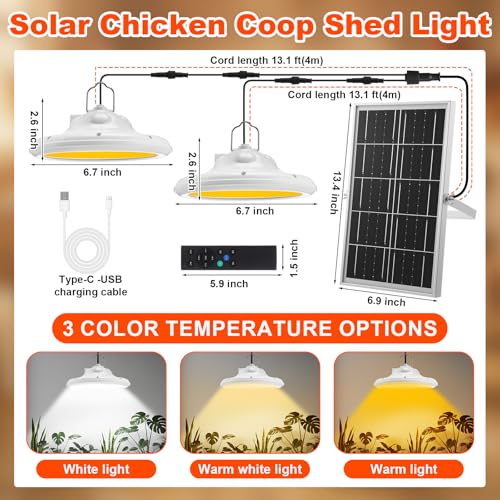 2 Set 2 in 1 Solar Chicken Coop Shed Pendant Light with Time Rechargeable Solar Hanging Pendant Heating lamp Waterproof Light for Barn Greenhouse Gazebo Patio Poultry Pet House(White)