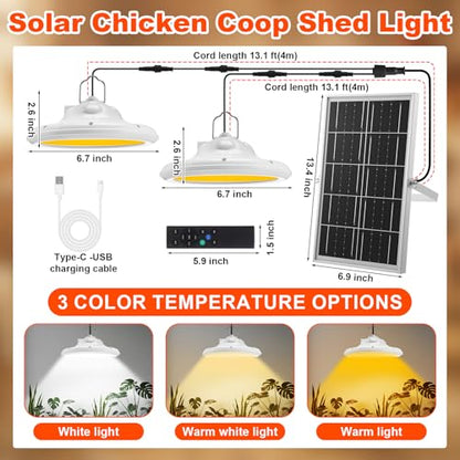 2 Set 2 in 1 Solar Chicken Coop Shed Pendant Light with Time Rechargeable Solar Hanging Pendant Heating lamp Waterproof Light for Barn Greenhouse Gazebo Patio Poultry Pet House(White)