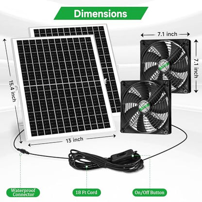 blessny 7.1" Solar 2 Fan Kit for Intake or Exhaust air, Weatherproofed 50W Solar Powered Fans for Outside Chicken Coops, Greenhouses, Shed, Pet House Air Ventilation - size: 7.1" 2 Fan Kit