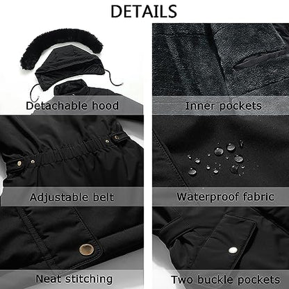 MOERDENG Women's Long Winter Down Coat Thicken Fleece Lined Parka Warm Puffer Jacket With Faux Fur Detachable Hood - color: Black, size: XX-Large