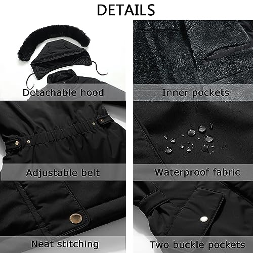 MOERDENG Women's Long Winter Down Coat Thicken Fleece Lined Parka Warm Puffer Jacket With Faux Fur Detachable Hood - color: Black, size: Large