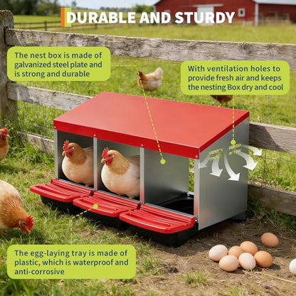 PioneerWorks Chicken Nesting Boxes for Laying Eggs, 3 Compartment Metal Hen Nest Box with Swing Perch & Rollout Egg Collection, Red Chicken Coop Accessories, Easy to Clean, Durable Design