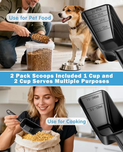 2-Pack Dog Food Scoop Set,1 Cup and 2 Cup Plastic Pet Food Measuring Scoops with Clear Measurement Lines,Multi-Purpose Pet Food Scooper for Dogs, Cats (Black) - color: Black