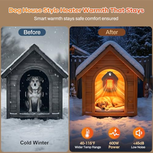600W Dog House Heater with Shermostat, Wall Mount, 10ft Anti Bite Cord, Overheat Protection, Electric Warmer for Hound Kennel, Cat Cage, Chicken Coop, UL Test Passed, Black