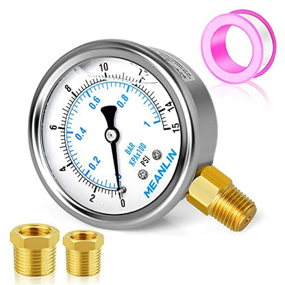 MEANLIN MEASURE 0~15Psi Stainless Steel 1/4" NPT 2.5" FACE DIAL Liquid Filled Pressure Gauge WOG Water Oil Lower Mount, with 1/2" NPT and 3/8" NPT Hex Bushing - size: 0-15Psi