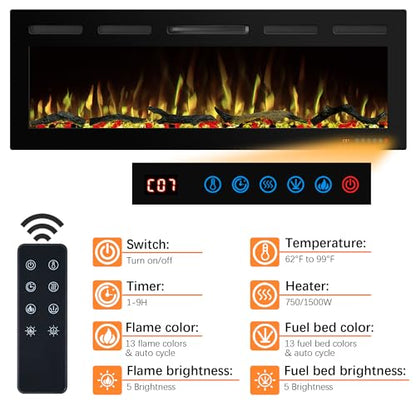 72" WiFi Electric Fireplace, Recessed and Wall Mounted Fireplace Heater, 13 Flame & Fuel Bed Colors, 5 Brightness, Thermostat, Timer, App and Remote Control, 750/1500W - size: 72" WiFi