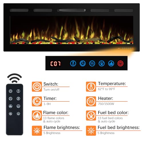 74" WiFi Electric Fireplace Inserts, Recessed and Wall Mounted Fireplace Heater W/Adjustable Flame Color & Brightness, Thermostat, 9H Timer, App and Remote Control, Low Noise, 750/1500W - size: 74" WiFi