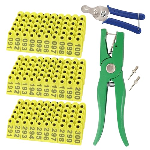 Sheep Ear Tag 001-300 Number Plastic Livestock Tags Goat with Punch Applicator Plier Tools and 2Pcs Ear Tag Pins (Yellow, 001-300) - color: Yellow, size: 001-300