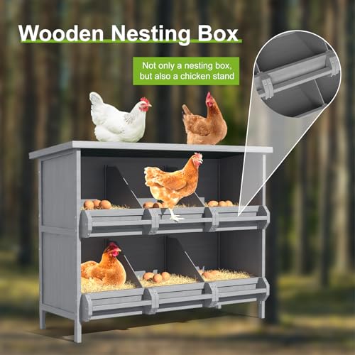 2-Tier Nesting Boxes for Chickens, 6-Compartment, Wooden Chicken Nesting Box for Laying Eggs, Chicken Laying Boxes with Perch, Solid Wood Egg Laying Box for Hens, Ducks, 1 Pack - size: 45.3" x 17.7" x 34.6"