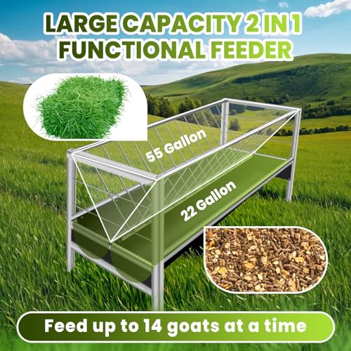 77-Gallon Large Capacity Stainless Steel Goat Feeder & Hay Rack, Dual Trough Livestock Feed/Water Trough for Goat Shelter, Horse Barn, Cattle Shed, with Elevated Feeding Platform