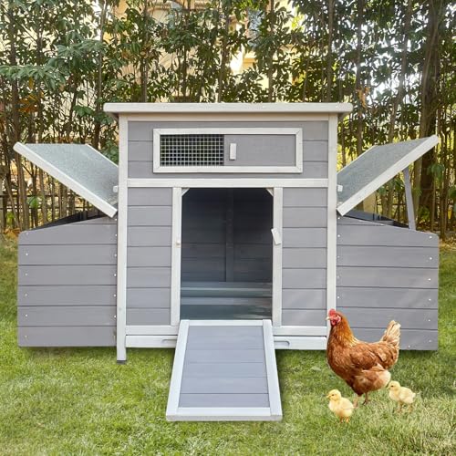 Chicken Coop, Large Wooden Chicken Coop with 6 Nesting Boxes for 3-6 Chickens, Outdoor Hen House Poultry Hutch Rabbit Cage with No-Slip Ramp & Pull-Out Tray for Backyard Farm (Grey Style 2) - color: Grey Style 2 - For 3-6 Chickens
