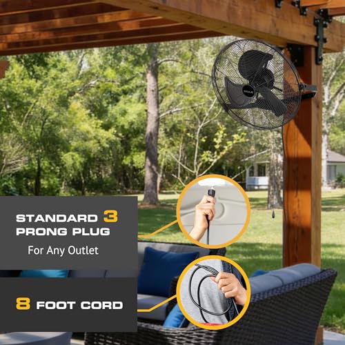 MULE 20 Inch Wet-Rated Outdoor Wall Fan XL, Plug-In Mount with Adjustable Omni-Reach Arm and 3-Speed Quiet Motor, Matte Black