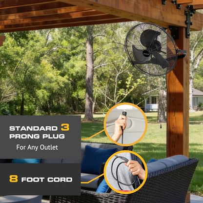 MULE 20 Inch Wet-Rated Outdoor Wall Fan XL, Plug-In Mount with Adjustable Omni-Reach Arm and 3-Speed Quiet Motor, Matte Black