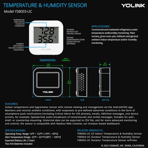 YoLink SpeakerHub & Two Temp/Humidity Sensors Starter Kit – Audio Hub Plays Tones/Sounds, Spoken Messages, Text Messages, LoRa-Powered ¼ Mile Range, Compatible with IFTTT, WiFi Required - style: 2-Pack with SpeakerHub