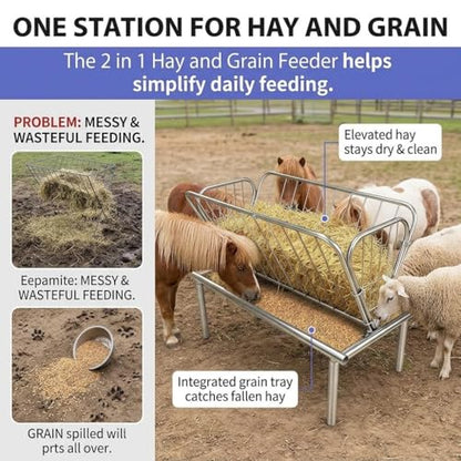 Large Capacity Heavy Duty Hay Feeder, Galvanized Steel Livestock Feeder with 2 in 1 Grain Feeding Pan, Durable Goat Feeder for Horses, Sheep, Cows and Homestead Pasture Feeding