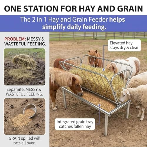 Heavy Duty Hay Feeder for Goats and Horses, 4 FT Galvanized Steel Livestock Feeder with Deep Grain Feeding Pan, Durable Outdoor Pasture Hay Rack for Sheep, Cows and Farm Homestead