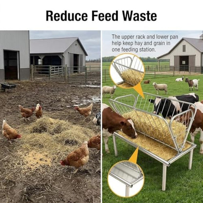 2-in-1 Livestock Hay Feeder, Galvanized Steel Goat and Sheep Feeding Station with 6" Deep Grain Pan, Heavy Duty Outdoor Pasture Hay Rack for Alfalfa and Grains, Reduces Waste