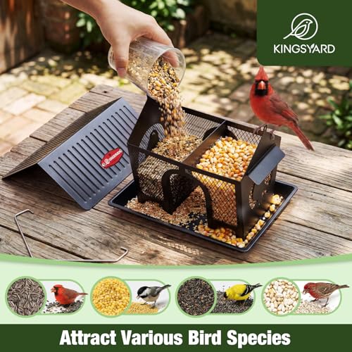 Kingsyard Bird Feeder for Outdoors Hanging, Dual-Use Metal Mesh Wild Bird Feeders with Seed Tray & Weatherproof Roof, 3 lbs Large Capacity, Black - color: Black