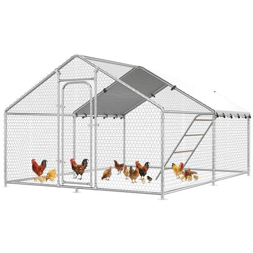 Large Chicken Coop with Waterproof and UV-Resistant Cover,10’ W x 9.9’ L x 6.4’ H Chicken Run Outdoor Walk-in Cage Metal Chicken Run for Yard Farm Use, Spire Roof - size: 10x10Ft