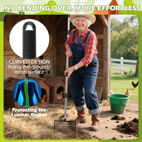 EXPAWLORER Large Chicken Poop Scooper, Adjustable Pet Coop Rake with Stainless Steel Long Handle, Heavy Duty Litter Sifting Sand Sifter Shovel Cleaning Tool Cat Chicken Coop Accessories (22"-68")
