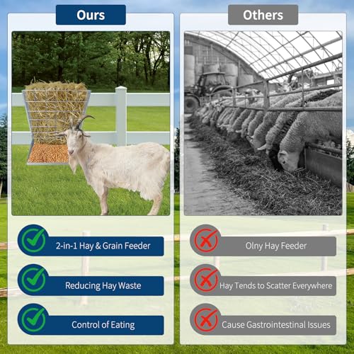 GarveeLife Wall Mount Hay Feeder for Goats, 2 in 1 Hay Rack, Heavy Duty Galvanized Steel Livestock Feeder with Adjustable Distance, Hanging Feeders for Goats, Sheep, Horse - color: silver
