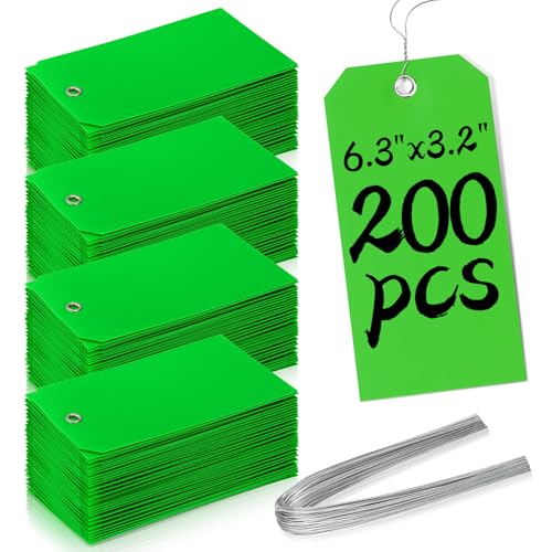 200 Pieces 6 1/4 x 3 1/8 Shipping Tags with String #8 Waterproof Green Tags for Labeling with Wire Blank with Holes Garage Sale for Moving Parts Equipment Garden Outdoor (Green) - color: Green