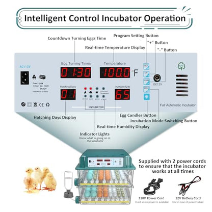 Incubators for Hatching Eggs 120, Chicken Egg Incubator with Automatic Egg Turning and Humidity Display, Temperature Control with 5 Automatic Incubation Modes, Incubation Day Counter