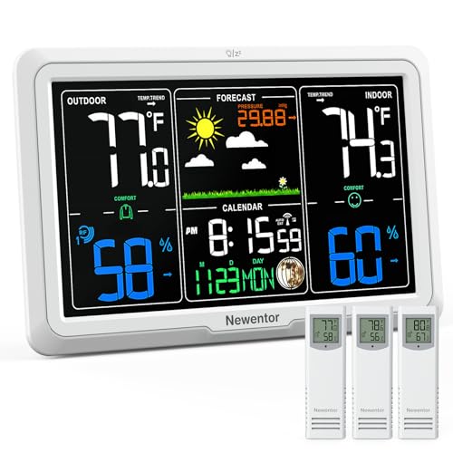 Newentor Weather Station Wireless Indoor Outdoor, Indoor Outdoor Thermometer Wireless, 7.5" Home Weather Stations with Atomic Clock, Temperature Humidity Gauge, Weather Forecast, White, 3 Sensors - color: White, size: with 3 Sensors