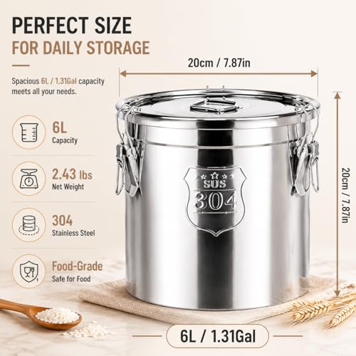 6L/1.31gal Stainless Steel Airtight Canister, Food Storage Canisters with Airtight Lid&Locking Clamp, Metal Cannister Withlid Rice Cereal Grain Canister Container Storager Bucket for Flour,Coffee Bean - color: 6L