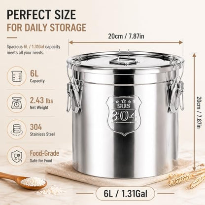 6L/1.31gal Stainless Steel Airtight Canister, Food Storage Canisters with Airtight Lid&Locking Clamp, Metal Cannister Withlid Rice Cereal Grain Canister Container Storager Bucket for Flour,Coffee Bean - color: 6L