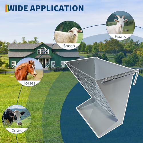 Wall Mount Hay Feeder, Heavy-Duty Galvanized Metal 2 in 1 Hay and Grain Feeder, Livestock Feeder with Adjustable Distance, Hay Feeder for Goats, Sheep, Horse，Indoor Outdoor Silver