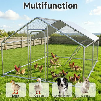 Large Metal Chicken Coop with Waterproof &UV-Resistant Cover&Perch,9.8' Lx 13.2' x 6.4' Chicken Run Outdoor Walk-in Cage Rabbit Duck Hen House for Yard Farm,Spire Roof - size: 158.4"L x 118.0"W x 78.0"H