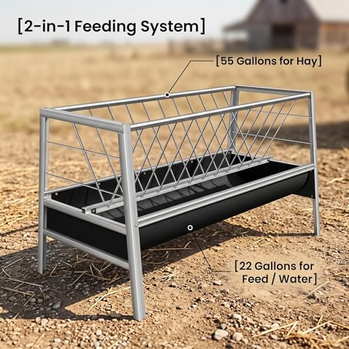 Heavy Duty Goat Feeder, 77 Gallon Stainless Steel Livestock Feeder, Anti-Waste Hay Feeder with Rubber Trough, 33.4 Inch Height for Goats, Calves, Sheep, Use in Barn, Pasture, Pigsty