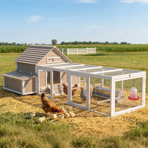 Large Chicken Coop for 6-8 Chickens with 6 Nesting Boxes, Wooden Outdoor Hen House with 9 Access Doors, Backyard Chicken Coop with Run, 5 Perches & Swing, Pull-Out Tray, Weatherproof Openable Roof - size: 118.3"L x 61.0"W x 40.0"H