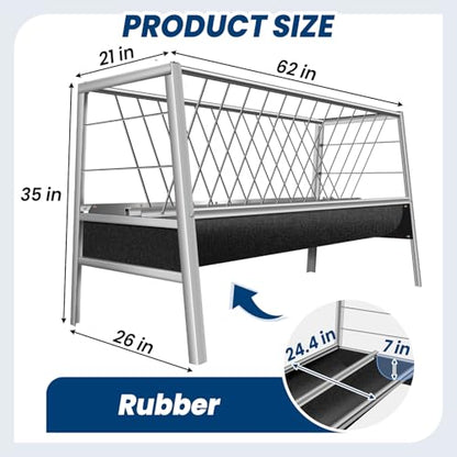 62" L Goat Hay Feeder 92 Gallon Large Capacity, Rubber 2-in-1 Hay & Grain Feeder for Goats, Sheep, Horses | Freestanding Outdoor Farm Livestock Feeder, Easy Assembly(Rubber Tray)
