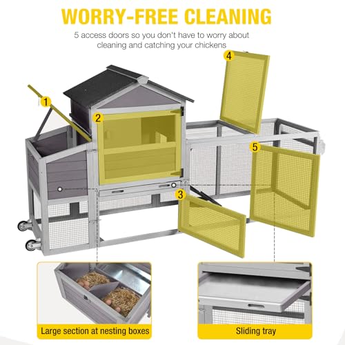 Aivituvin Large Chicken Coop with Wheels, Outdoor Hen House Mobile Poultry Cage with Run, Weatherproof Asphalt Roof, Sectionable Nesting Box, Leakproof Pull-Out Tray for 4-6 Chickens - Grey - size: 80.7"L x 22.0"W x 44.1"H