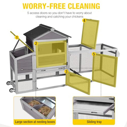 Aivituvin Large Chicken Coop with Wheels, Outdoor Hen House Mobile Poultry Cage with Run, Weatherproof Asphalt Roof, Sectionable Nesting Box, Leakproof Pull-Out Tray for 4-6 Chickens - Grey - size: 80.7"L x 22.0"W x 44.1"H