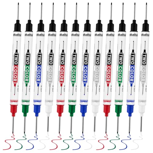 12 PCS Long Head Deep Hole Marker Pens,20mm Long Nib Marker, Longs Nose Markers, Waterproof Construction Markers Marking Tool,Permanent Markers Carpenter Ink marker Pens,Metal marking Pens - color: 12PCS-Double-ended pens-20MM-Red/Blue/Green/Black/White