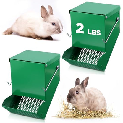 2 Pcs 4.7 Inch Small Animal Feeder with Lid, Heavy Duty Metal Food Dispenser for Rabbits, Guinea Pigs, Chinchillas, Large Capacity, Sifter Bottom, Green